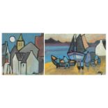 After Markey Robinson - Figures before boats and town scene, two Irish school watercolour and