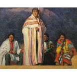 Four tribes women, Native American school oil on board, bearing a signature E T Couse, framed, 49.