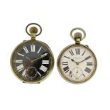 Two gentleman's Goliath pocket watches, one retailed by A Barrett & Sons, the largest 7.5cm in