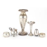 Silver items including vases, napkin rings and a mustard, various hallmarks, the largest 18.5cm
