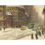 After Guy Wiggins - American snowy street scene, oil on board, mounted and framed, 44.5cm x 35cm :