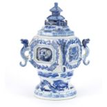 Chinese blue and white porcelain censor and cover with handles, hand painted with dragons and