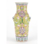 Chinese porcelain vase with ring turned handles, hand painted with flower heads amongst foliate