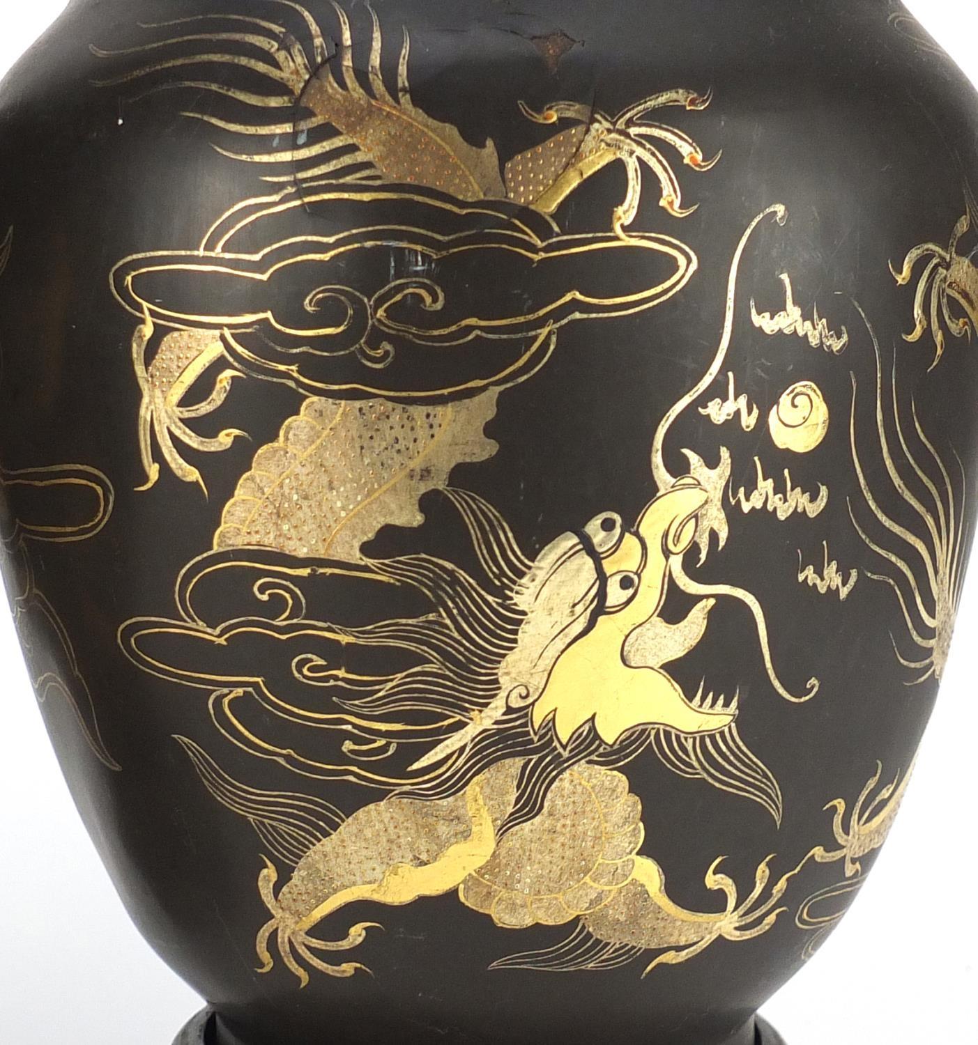 Pair of Chinese papier-mâché vases on stands, both gilded with dragons chasing the flaming pearl, - Image 12 of 23