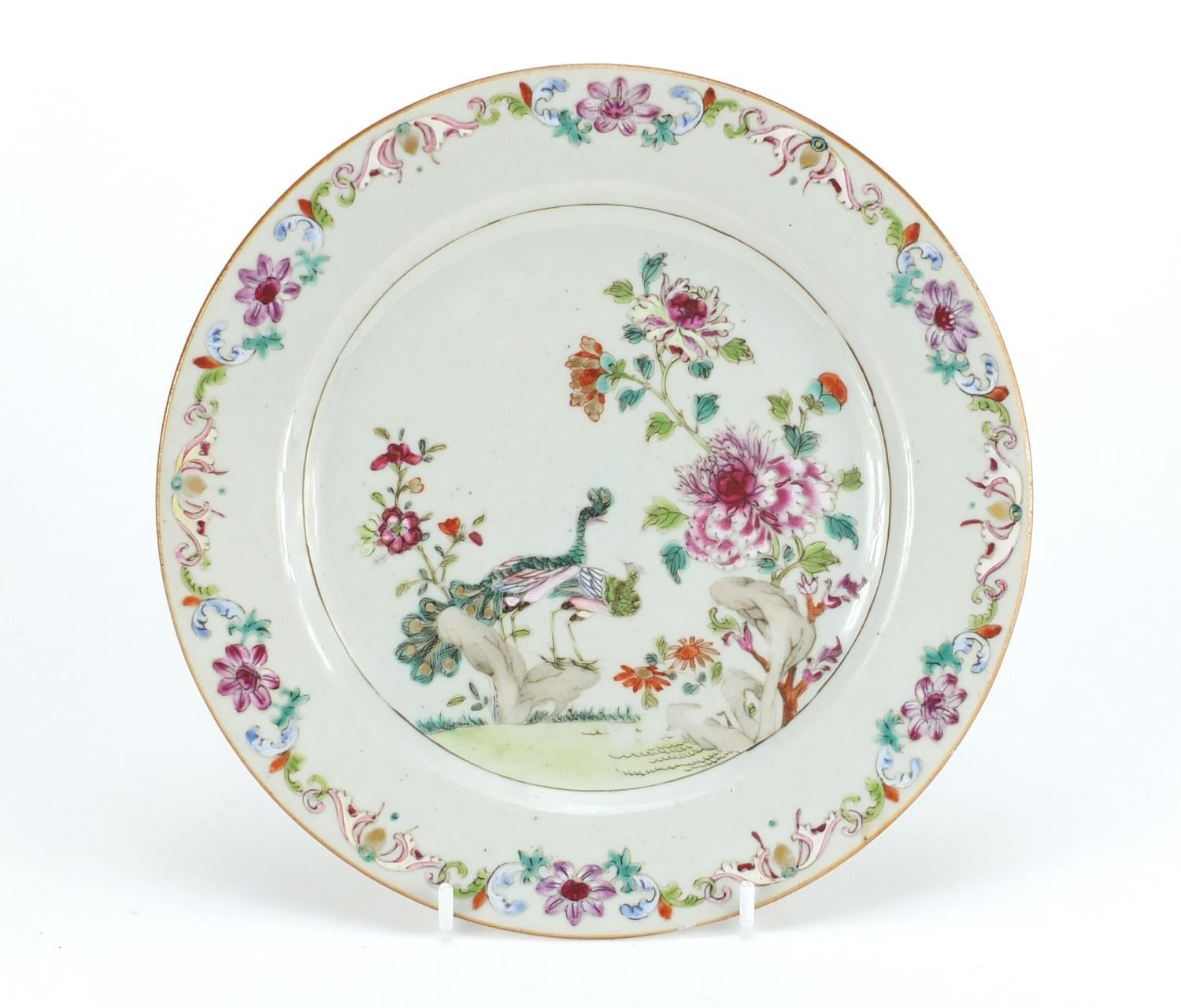 Chinese porcelain plate, hand painted in the famille rose palette with cranes amongst flowers,