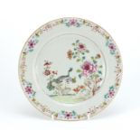 Chinese porcelain plate, hand painted in the famille rose palette with cranes amongst flowers,