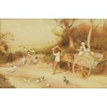 Myles Birket Foster - Horse and cart startled by the hunt, watercolour, mounted and framed, 21.5cm x