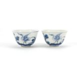 Pair of Chinese blue and white porcelain tea bowls, hand painted with cranes and pine trees,
