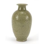 Korean celadon glazed vase incised under glaze with flowers, 19cm high :For Further Condition