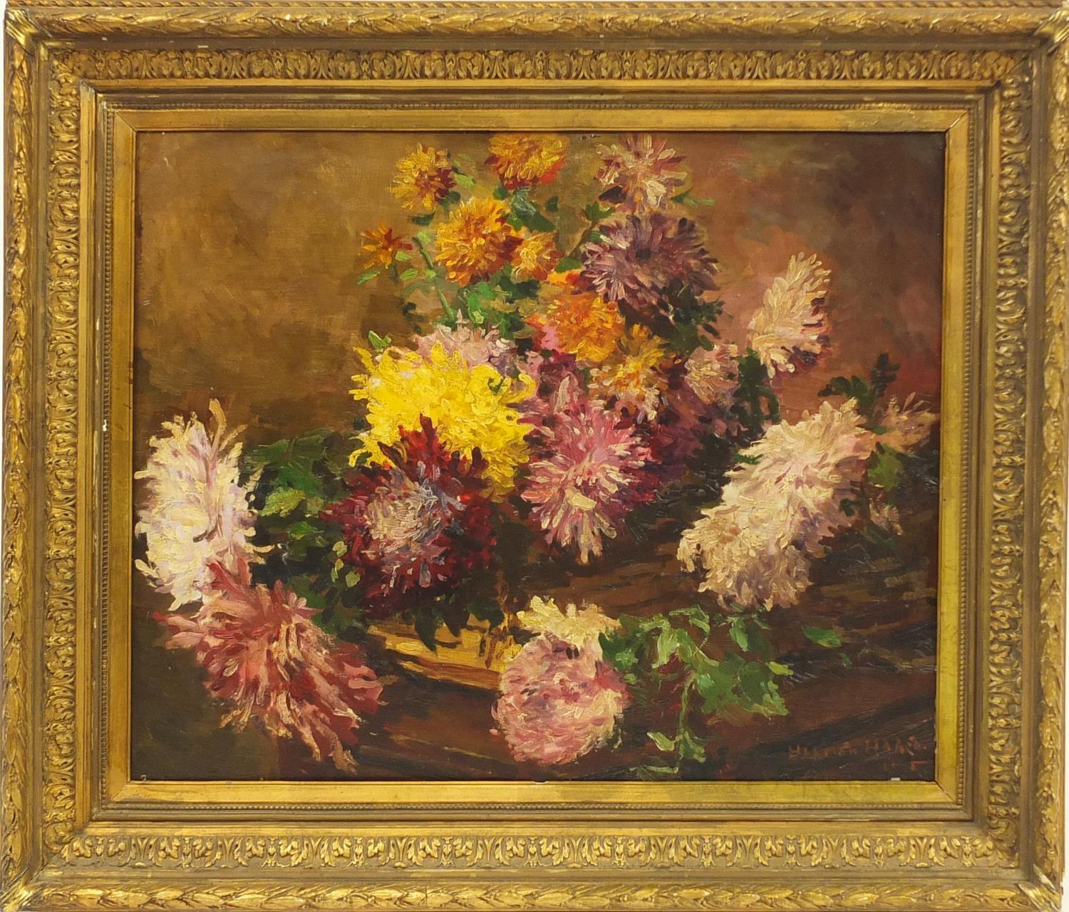 Still life, flowers, oil on board, bearing a indistinct signature possibly Herman Hard, mounted - Image 2 of 4