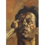 After Lucian Freud - Portrait of a man, oil on board, framed, 38cm x 27.5cm :For Further Condition