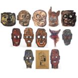 Basil Hadley - Thirteen mixed media's and one drawing including masks titled 'Secret Skull Image I