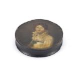 Early 19th century circular papier-mâché snuff box by Samuel Raven, the lift off lid hand painted