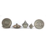 Group of Ottoman metalware including bowls and three pots with covers, the largest 17cm high :For