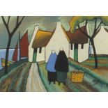 After Markey Robinson - Figures before cottages beside water, Irish school gouache, mounted and