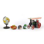 Vintage toys and a tin plate globe comprising a Mamod steam engine, Marx clockwork tank and two