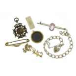 Antique and later jewellery including a diamond and ruby bar brooch, silver sports jewel and a