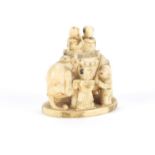 Japanese carved ivory okimono of six figures and an elephant, 5cm high :For Further Condition