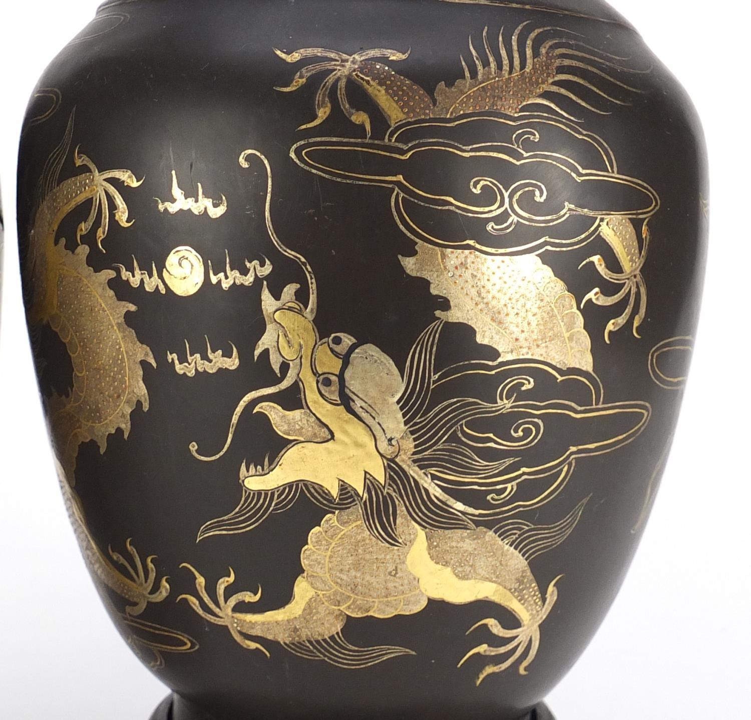 Pair of Chinese papier-mâché vases on stands, both gilded with dragons chasing the flaming pearl, - Image 20 of 23