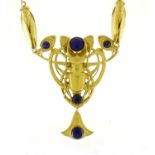 Egyptian Revival brass stag beetle and moth necklace set with cabochon lapis lazuli stones, 40cm