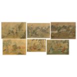 Three pairs of Chinese watercolours, each depicting figures in landscapes, with calligraphy and