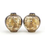 Good pair of Japanese Satsuma pottery vases in the style of Kinkozan, each finely hand painted and