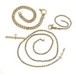 Broken 9ct gold jewellery including a rope twist necklace and T-bar pendant, 17.0g :For Further