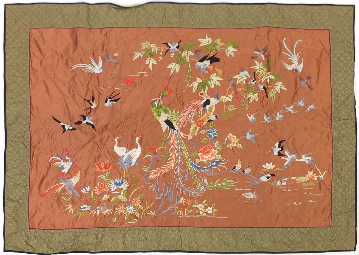 Large Chinese silk panel embroidered with birds of paradise amongst flowers, 113cm x 81cm :For