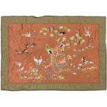 Large Chinese silk panel embroidered with birds of paradise amongst flowers, 113cm x 81cm :For