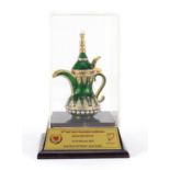 Saudi Arabian presentational enamelled coffee pot, King Faisal Hall Riyadh 2013, overall 20 cm