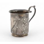 Victorian silver Christening tankard by Lee & Wigfull, embossed with stylised flowers and blank