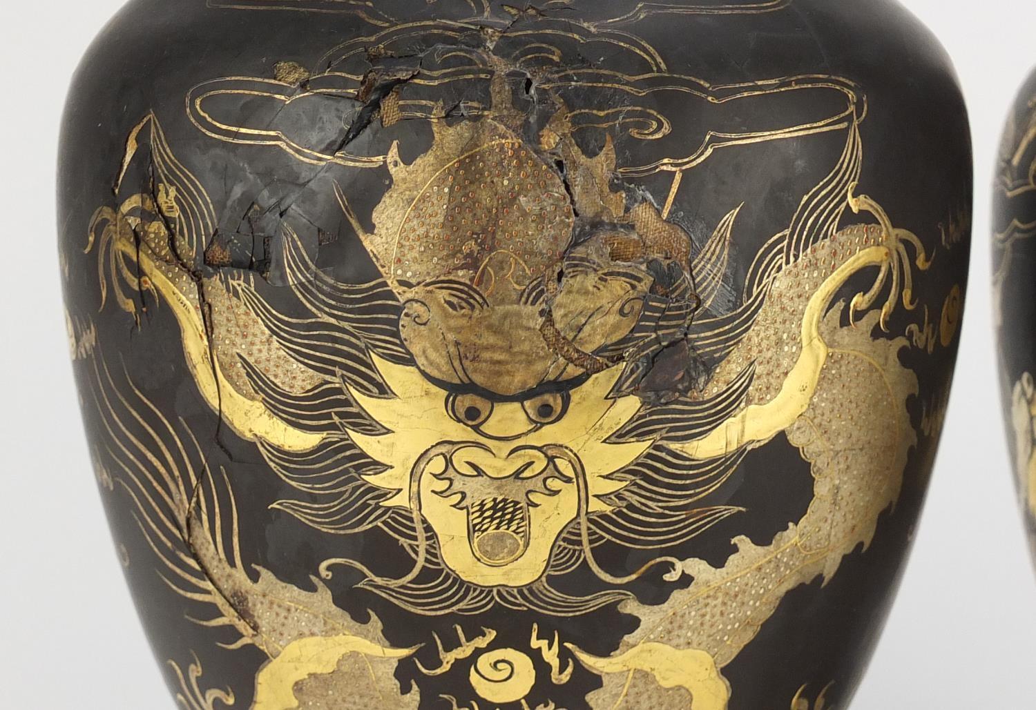 Pair of Chinese papier-mâché vases on stands, both gilded with dragons chasing the flaming pearl, - Image 3 of 23