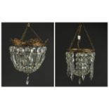 Two brass bag chandeliers with cut glass drops, the largest 20cm high x 16cm in diameter :For