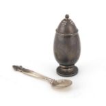 Miniature Danish silver caster and mustard spoon by Georg Jensen, the caster designed by Gundorph