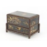 Chinese velvet lined table chest with faux bamboo supports, decorated with figures and landscapes,