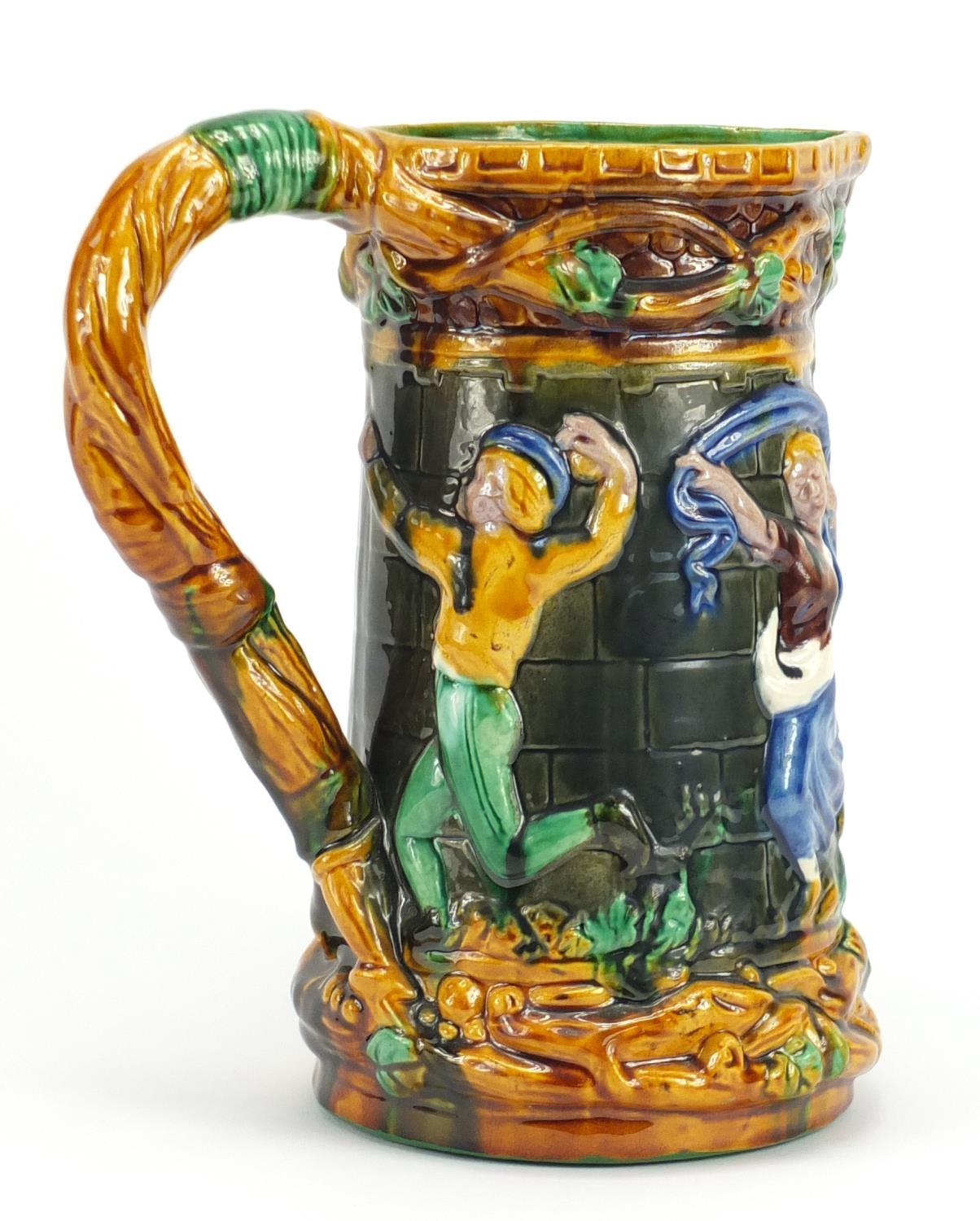 Large Majolica jug, relief decorated with dancing figures, 24.5cm high : For Further Condition - Image 2 of 3