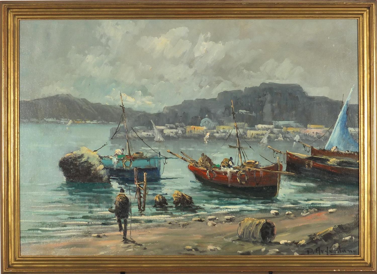 Moored fishing boats, oil on board, framed 66.5cm x 46.5cm x : For Further Condition Reports - Image 2 of 4