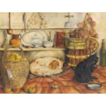 Jean McCulloch - Cat and dog with a mouse in a kitchen, oil on canvas, framed, 91cm x 70.5cm : For