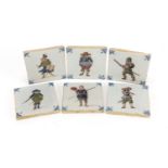 Six continental pottery tiles, each hand painted with figures, 10.2cm x 10.2cm : For Further