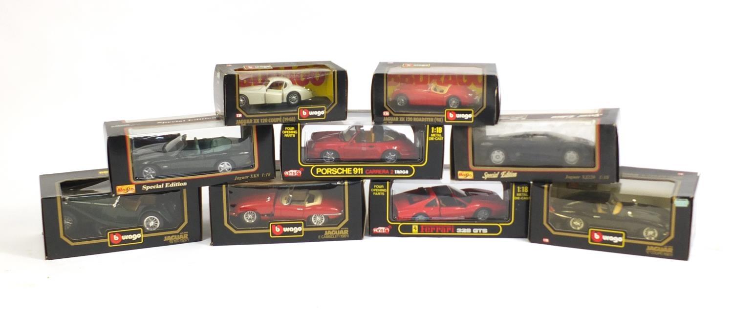 Nine 1:18 scale die cast vehicles with boxes comprising Bburago and Maisto : For Further Condition