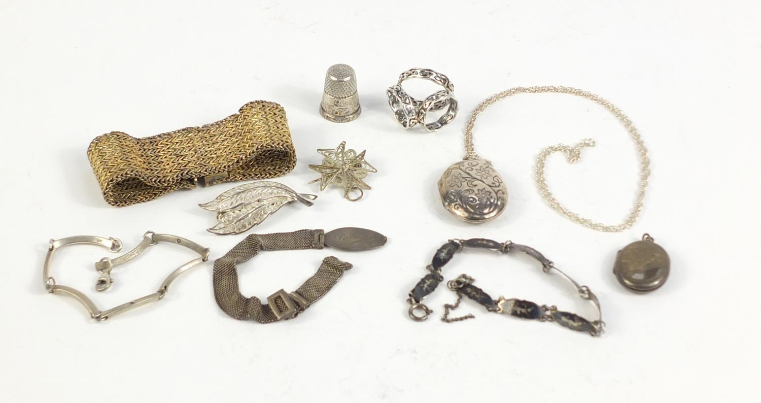 Silver and white metal jewellery including lockets, bracelets and brooches, 120.0g : For Further