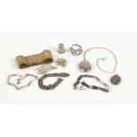Silver and white metal jewellery including lockets, bracelets and brooches, 120.0g : For Further