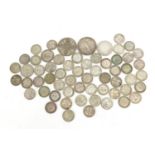 Mostly British pre 1947 coins including 1903 one florin and three penny bits, 103.0g : For Further