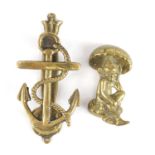 Two Victorian style brass door knockers in the form of an anchor and a pixie, the largest 14cm in