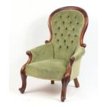 Victorian mahogany framed bedroom chair with green button back upholstery, 104cm high : For