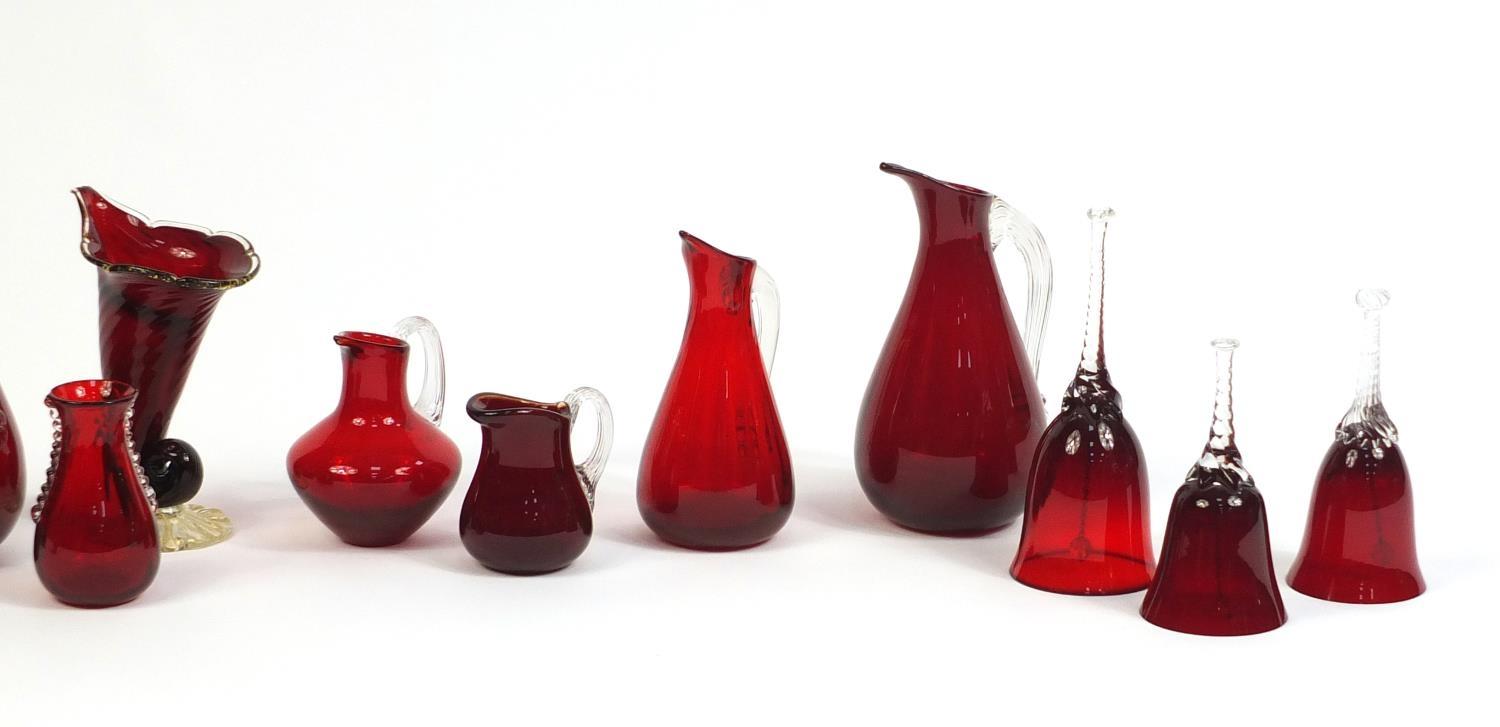 Antique and later ruby glassware including decanter with stopper, graduated set off three jugs and - Image 3 of 4