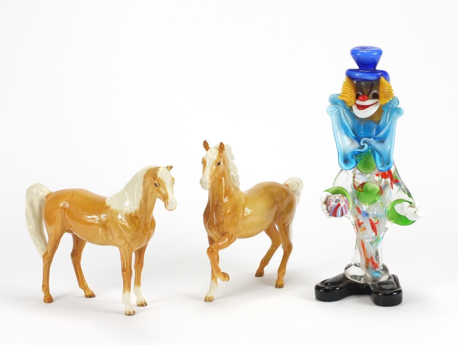 Two Beswick tan horses and Murano glass clown, the largest 26cm high : For Further Condition Reports