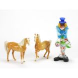 Two Beswick tan horses and Murano glass clown, the largest 26cm high : For Further Condition Reports