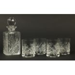 Cut glass decanter with stopper and a set of four tumblers, the decanter 23cm high : For Further