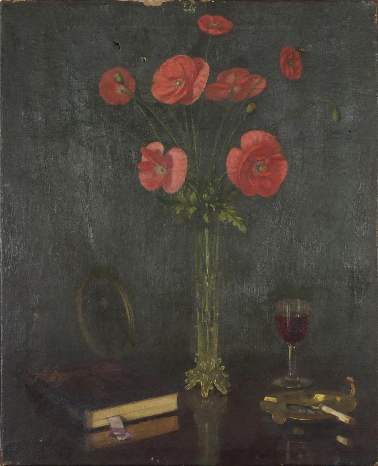 Still life with flowers in a vase, early 20th century oil on canvas, unframed, 56cm x 46cm : For - Image 2 of 4